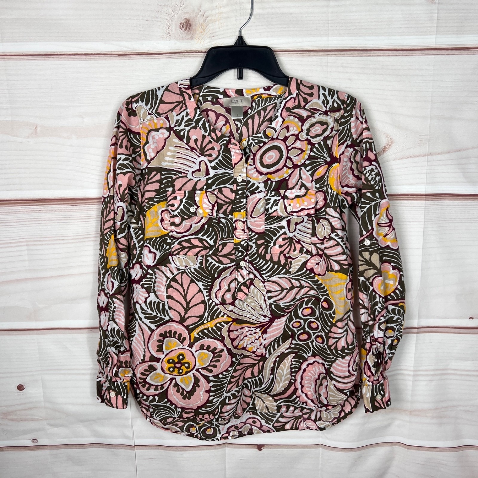 Loft Outlet Top Women S Brown Pink Floral Shirt 1/2 Button Pullover Cotton Woven